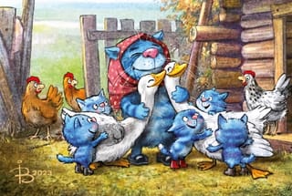 Открытка. Синие коты. Любимые гуси