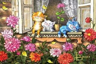Открытка. Синие коты. Котята на подоконнике