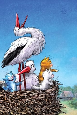 Открытка. Синие коты. Аисты и котята
