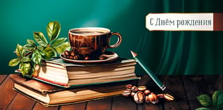Конверт для денег. С Днем Рождения! Чашка кофе с книгами