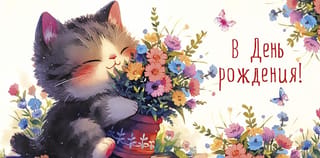 Конверт для денег. В День рождения! Котенок с цветами